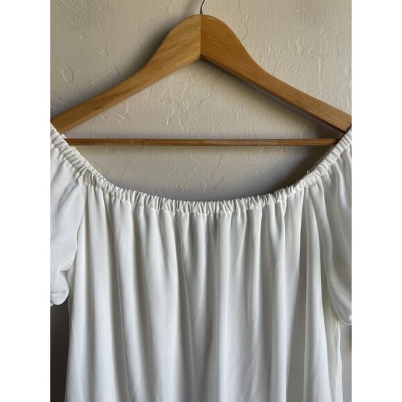 Lulus Size Medium White Off the Shoulder Shift Mini Dress Tie Sleeves Crochet La - Picture 7 of 10